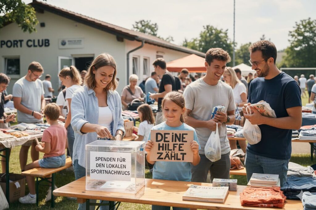Freundliche Menschen auf einem Flohmarkt am Sportheim spenden Geld in eine transparente Box für den lokalen Sportnachwuchs