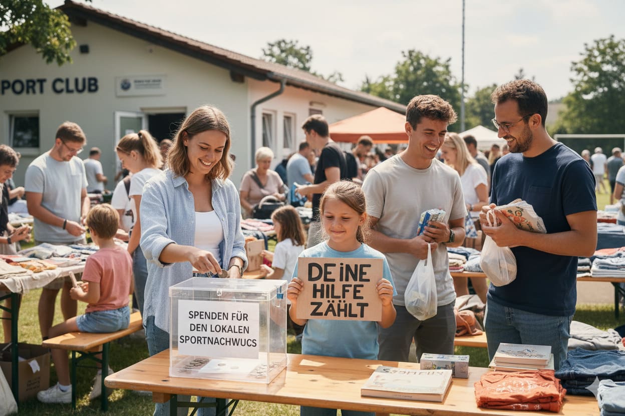 Freundliche Menschen auf einem Flohmarkt am Sportheim spenden Geld in eine transparente Box für den lokalen Sportnachwuchs