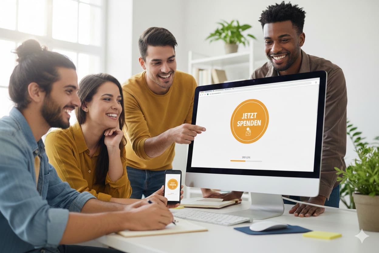 Vier junge Erwachsene sitzen gemeinsam im Büro vor einem Computer und Smartphone mit ‚Jetzt spenden‘-Button auf der Homepage, diskutieren eine Online-Spendenaktion.