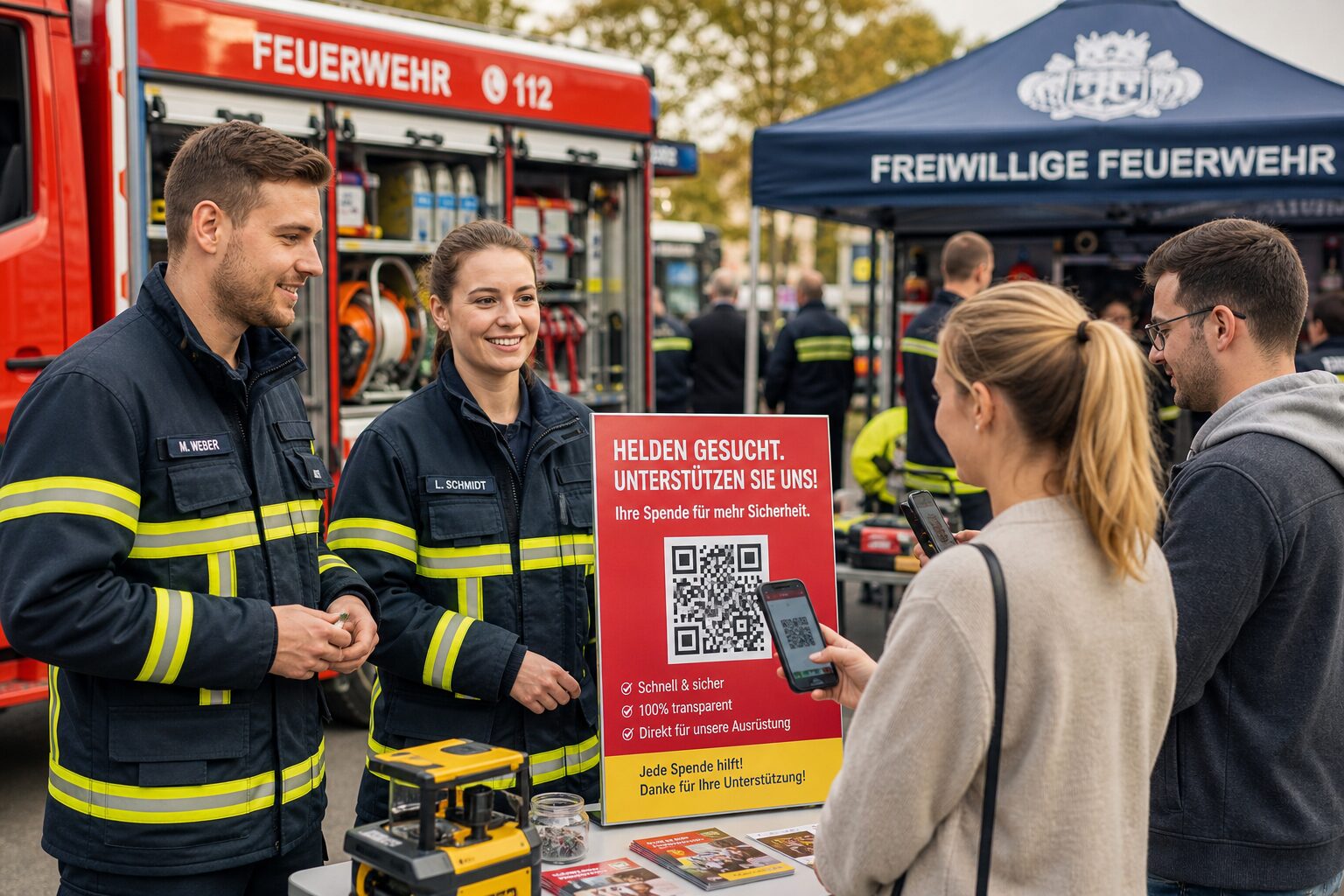Feuerwehrfest QR-Spenden-Aktion: Besucher scannen QR-Code am Infostand der Freiwilligen Feuerwehr