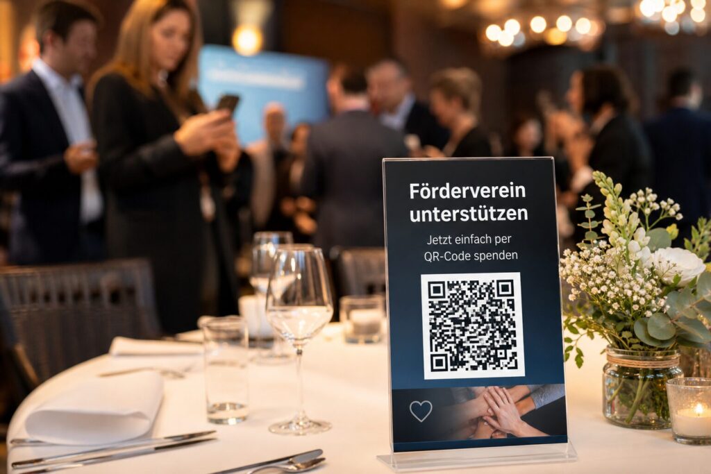 Tischaufsteller mit QR-Code für Förderverein auf festlich gedecktem Tisch bei Vereinsveranstaltung